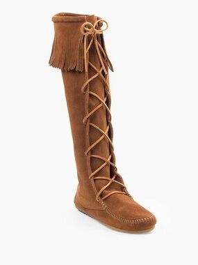 Minnetonka Vintage genuine suede Tall Lace-Up Knee High Moccasin Boot - Brown